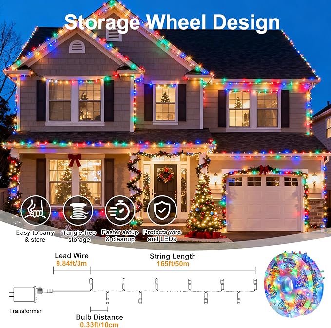 Xmas Lights String Lights 500 LED 165feet 8 Modes Plug in String Lights 30V Fairy Lights Home Garden Party Wedding Xmas Tree Bedroom Window Curtain Decoration(Multicolor)