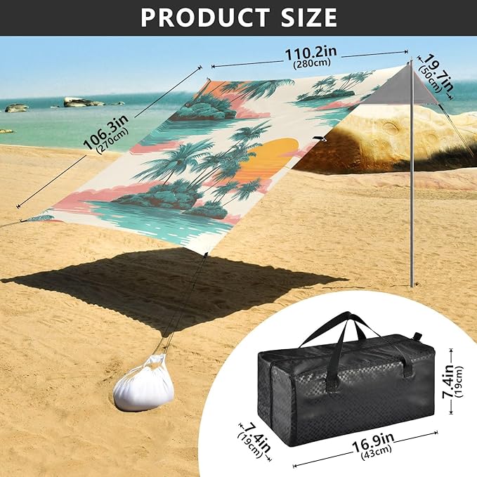 Beach Tent Sun Shelter Coconut Trees Reflection Lightweight &amp Easy Setup Beach Shade Canopy for Camping Fishing