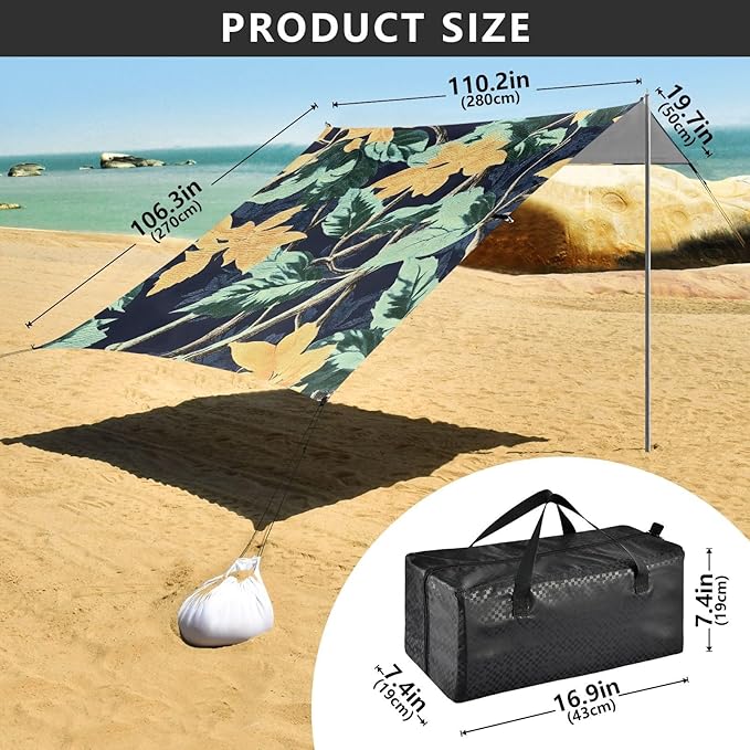 Bolaz Beach Canopy Tent Sun Shade9'×10.5' Large Family Beach Shade UPF50+- Outdoor Shade for Camping Trips FishingTropical Leaves Pattern