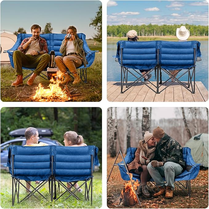 Double Camping Chair for Adults 2 Person Loveseat Camping Chair with Cup &amp Wine Glass Holder Portable Padded Double Folding Lawn Chair for Outdoor Camp Picnic Sports Support 500LBS (Blue)