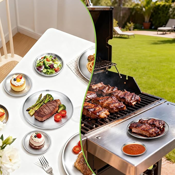 Metal Camping Plates 10 Pack 9.1 inch Small 201 Stainless Steel Plates Reusable Pizza Food Serving Snack Eating Salad Dishes Round Brushed Finish Silver Sturdy Dish Oven Dishwasher Safe