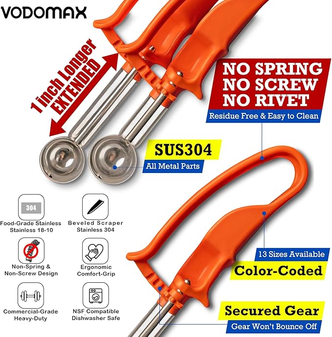 【Extended】Size 08 GREY (3.64 oz.) VODOMAX Commercial Food Disher Portioner 18-10 (SUS304) Mashed Potato Disher Palm-Squeeze Rice Scooper Gelato Scoop Zeroll Compatible 4oz Disher