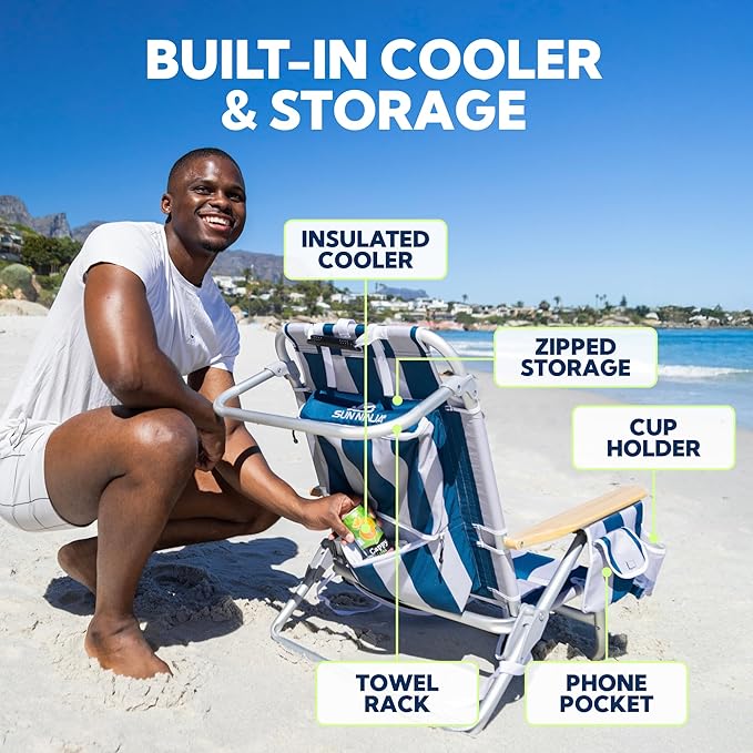 SUN NINJA Beach Chair – Folding Chair for Beach with 5 Reclining Positions Cup &amp Phone Holder Insulated Back Storage Pouch Portable Lightweight Aluminum Frame - Navy Stripes - 2pc