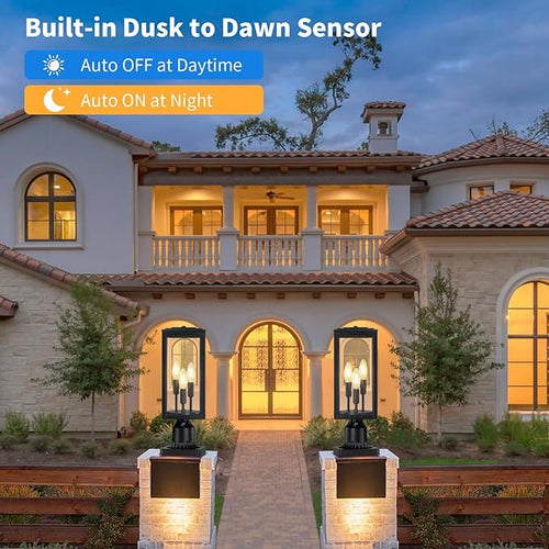 16.6'' Dusk to Dawn Post Light Outdoor Large 3-Light Lamp Post Light Fixture Modern Pillar Outside Lighting Waterproof Post Lantern Pole Lights for Porch 1 Pack (Not Include Mounting Base)