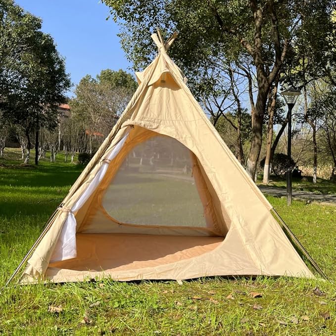 7ftx7ft x6.5ft Canvas Camping Pyramid Tipi Tent Adult Indian Teepee Tent for 1-2 Person for Outdoor Camping Or Exhibition