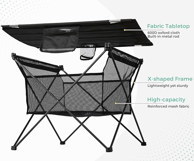 Lightweight Camping Table - Portable Folding Beach Side Table w/2 Cup Holders &amp Large Storage Basket Compact Fold for Tailgate Travel Outdoor Fishing Picnic | 29.2 W x 21.7 D (Black)