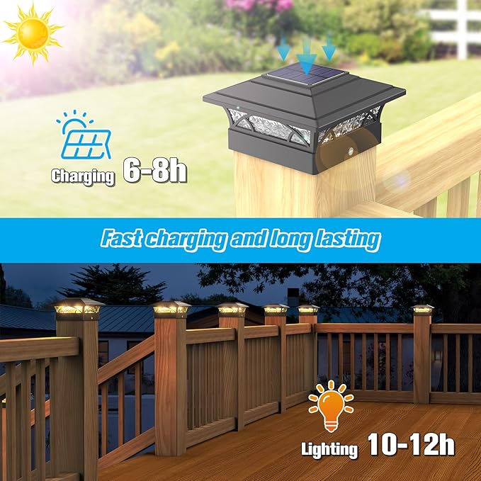 Solar Post Cap Lights Outdoor 6pack - Black Deck Fence Post Lights Solar Powered with 16LEDS 2 Lighting Modes 4x4/5x5/6x6 Waterproof Fence Post Lights for Garden Patio Porch Backyard