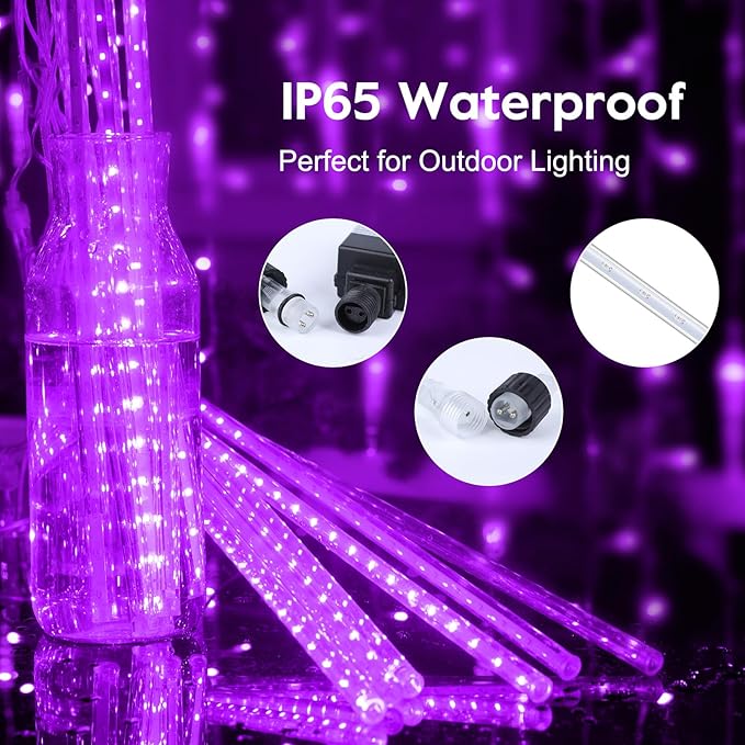 Brightown Christmas Lights Outdoor Meteor Shower Lights Outdoor 16 Inch 10 Tube 360 LED Icicle LightHanging Falling Rain Light for Tree Outside Holiday Xmas Decoration Purple