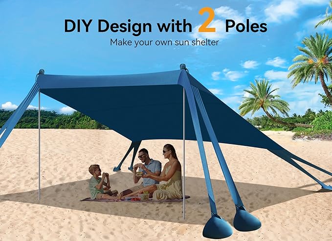 Beach Tent Beach Canopy Sun Shade with UPF50+ UV Protection 10x10ft Includes 8 Sandbags Sand Shovel Ground Pegs &amp 4 Stability Poles Pop Up Sun Shelter for Camping Picnics Backyard Fun