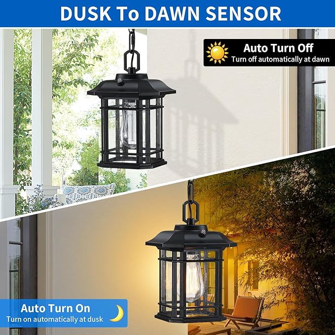 Dusk to Dawn Pendant Lights - 10.25'' Black Exterior Hanging Lanterns Farmhouse Outdoor Ceiling Light Fixture Waterproof Tempered Seed Glass Chandelier 1Pack