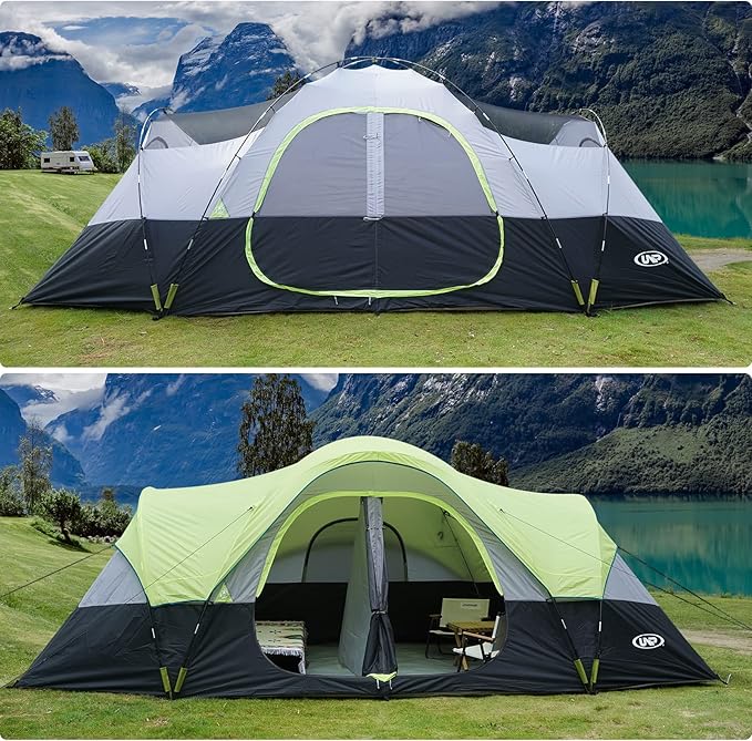 UNP Camping Tent 10-Person-Family Tents Parties Music Festival Tent Big Easy Up 5 Large Mesh Windows Double Layer 2 Room Waterproof Weather Resistant 18ft x 9ft x78in