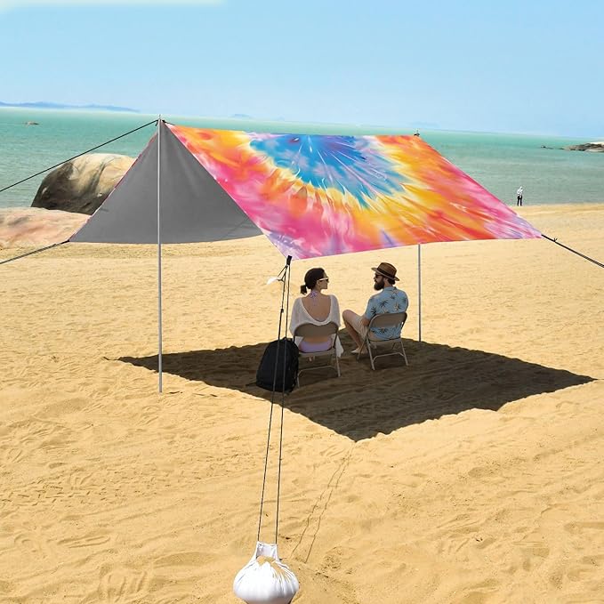 ALAZA Tie Dye Pink Yellow &amp Blue Beach Tent Sun Shelter UPF50+ Protection Beach Shade Canopy w/ 4 Sandbags for Outdoor Camping Fishing Backyard Fun Picnic 10x9 ft
