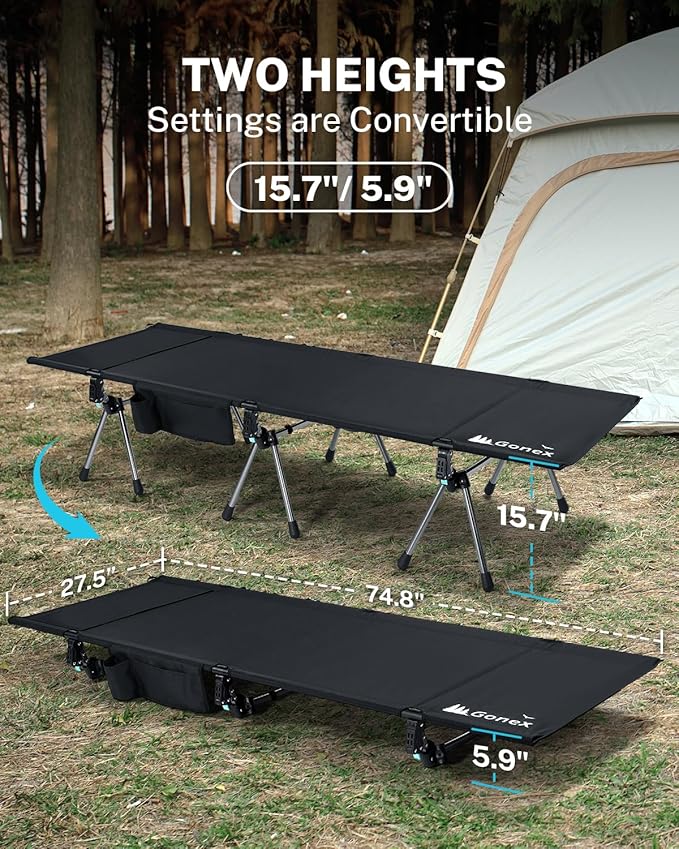 Gonex Camping Cot with Leg Extenders 2 in 1 Portable Ultralight Folding Cot for Adults Adjustable Height Supports 350lbs Sleeping Bed for Backpacking Travel Beach Home 74.8x27.5(Black 1 PCS)