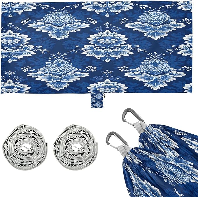 Art Elegant Blue Floral Camping Hammock Portable Hammocks 500 lb Upgraded Thickened with Tree Straps and Attached Carry BagPerfect for OutdoorIndoorBeachCampingTravel
