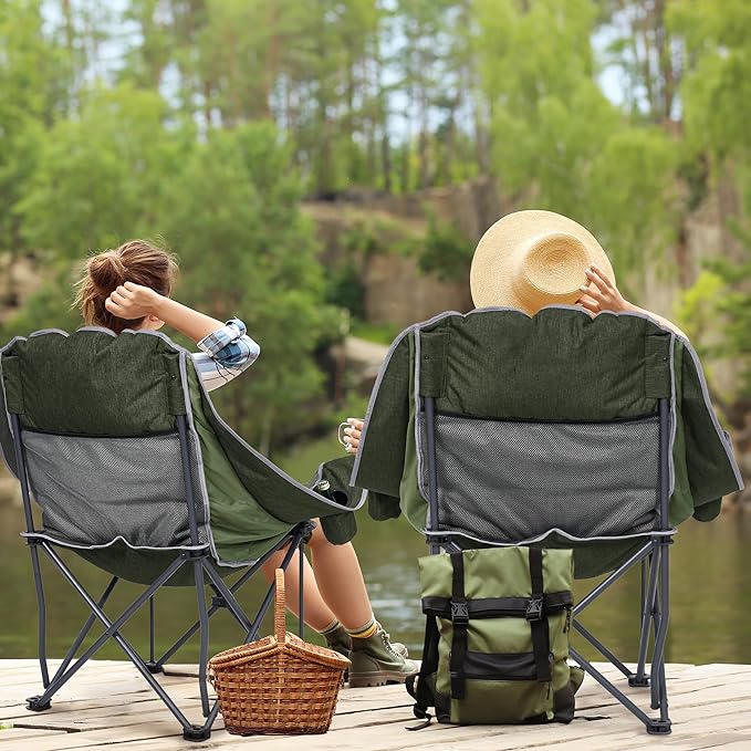 Oversized Camping Chair Portable Folding Padded Camp Chairs with Side Pocket Cup Holder Heavy Duty Support 500LBS Outdoor Lounge Chair for Adults Fishing Sports Trip Green