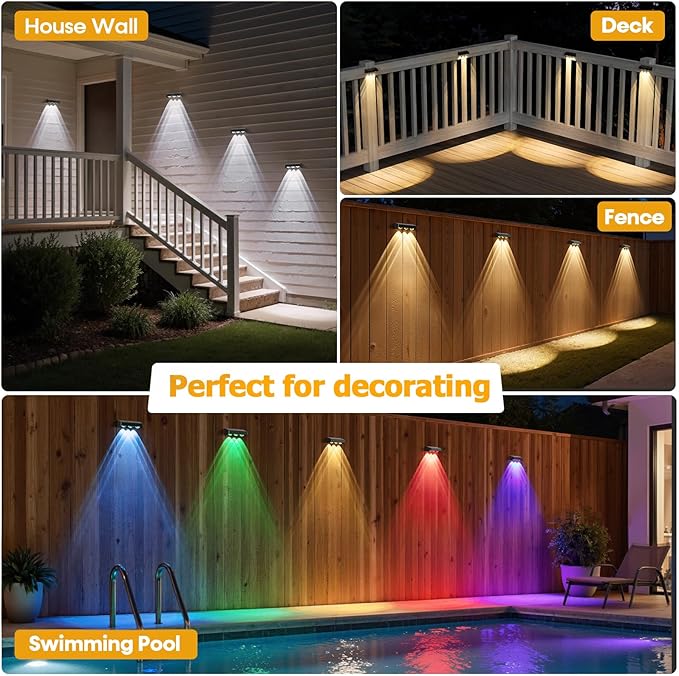 NIORSUN Solar Fence Lights8 Pack Solars Deck LightRGB ColorOutdoor Bulb Waterproof Led IP65Power Patio Lamp with Lenses for Outside/Backyard/Railing/Yard(Black)