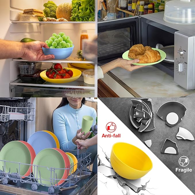32 pcs Unbreakable Lightweight Wheat Straw Dinnerware Sets for 8 Reusable Kids Plates and Bowls Sets Non Toxic Microwave and Dishwasher Safe Plastic Dishes Set Camping RV Picnic Dishes
