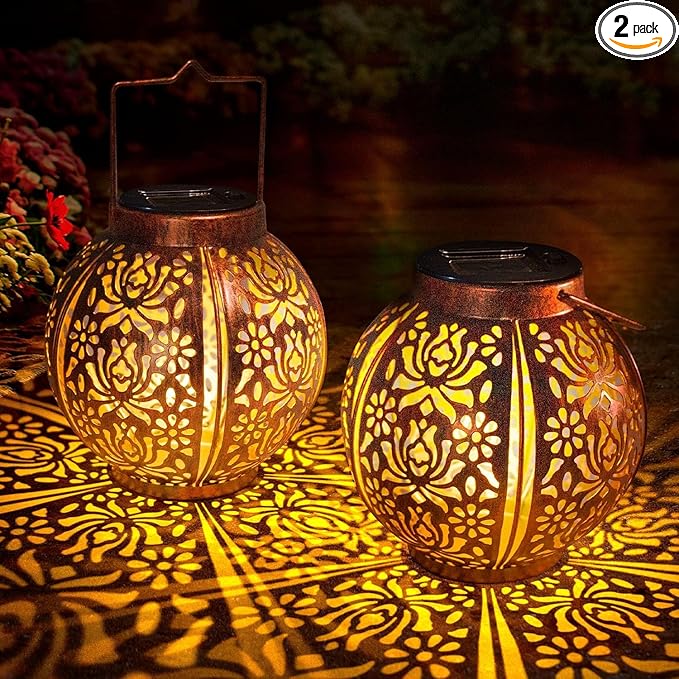Solar Lanterns Outdoor Waterproof 2 Pack Hanging Solar Lights for Outside Garden Decor Decorative Moroccan Lanterns Garden Gifts for Women Mom Yard Patio Porch Decorations