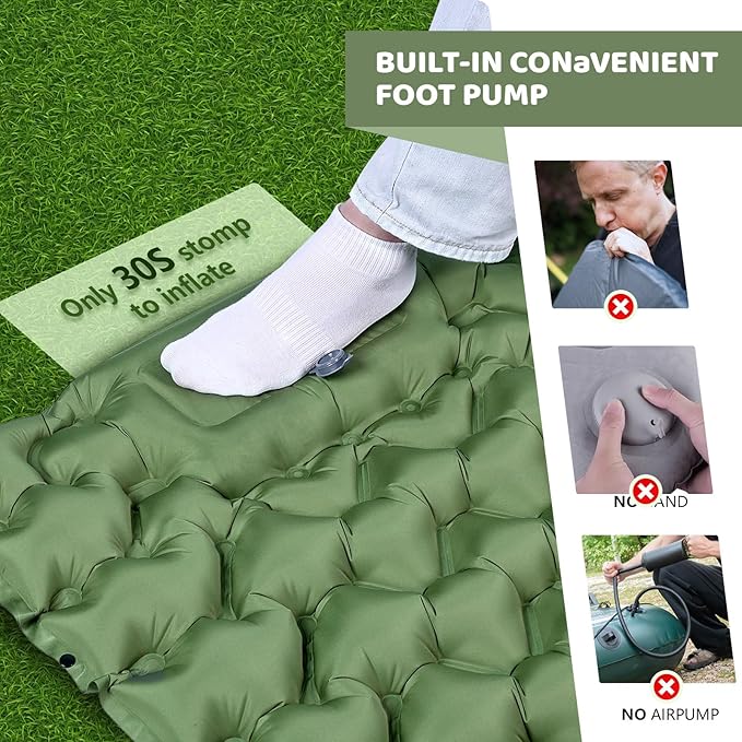 Ultralight Air Pad: 1.9lbs Camping Mattress with Pillow &amp Foot Pump - 4 Thick with One-Second Deflation for Easy Backpacking