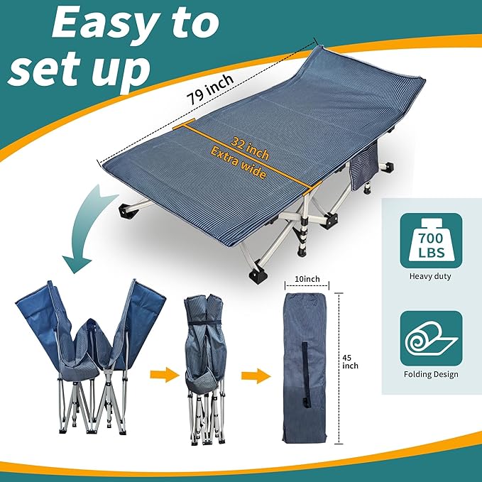 79 L x 32 W x 18 H Oversize XXL Camping Cot with Comfortable Mattress for Adults Extra Wide Cots for Sleeping Folding Cot Camping Bed Heavy Duty with Carry Bag for Home Office Outdoor