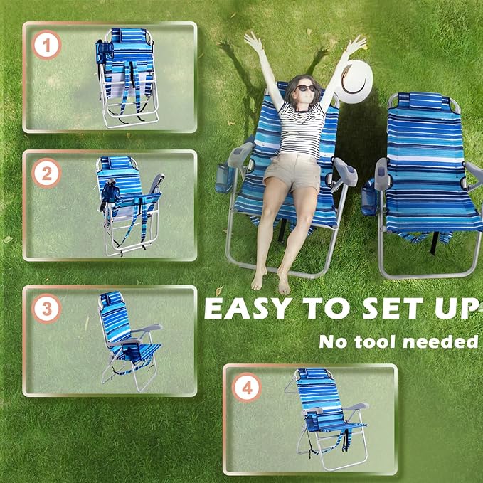 Backpack Beach Chairs for Adults - Folding Heavy Duty High Camping Chair with Storage Pouch Cup Holder &amp Towel Rack Adjustable Lounge Chair for OutdoorTravel (1pack /High Back Blue Strap)