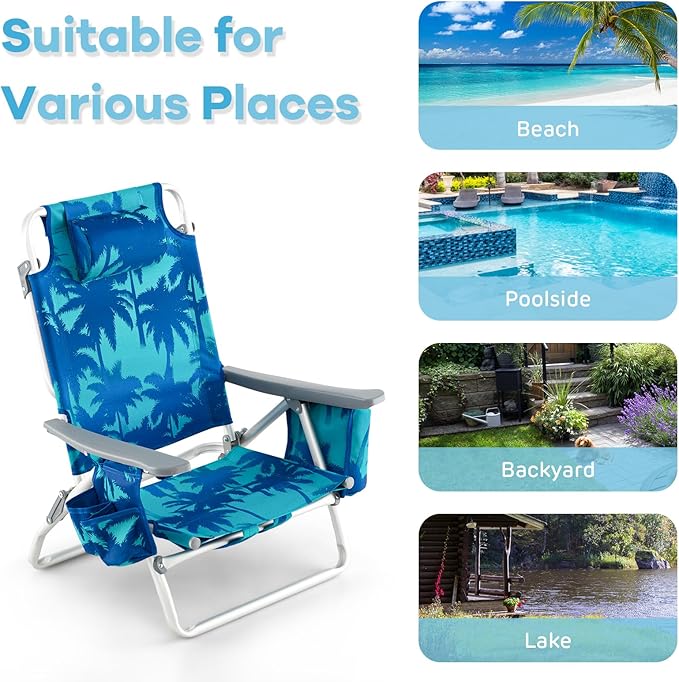 COSTWAY Backpack Beach Chairs Set 3-Piece Portable Camping Chairs with Cup Holder Ice Bag 5-Position Outdoor Reclining Chairs for Adults Travel Sunbathing Support 300 LBS Light Blue