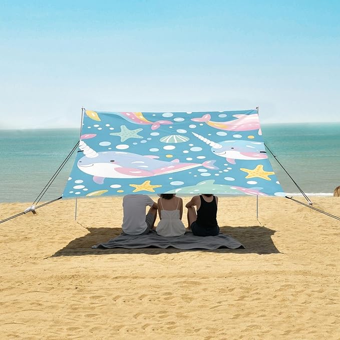 Seamless Pattern Narwhal Under The Sea Camping Sun Shelter Beach Tent Portable Beach Sun Shade Outdoor Canopy for Camping Trips Fishing Picnic