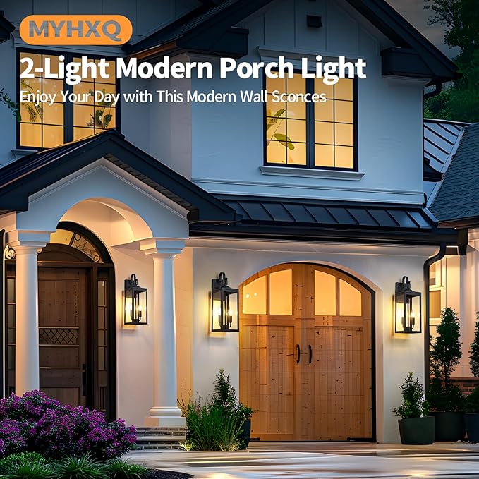 18'' Large Outdoor Light Fixture 2 Packs Black Porch Lantern Wall Mounted Waterproof 2-Light Exterior Lighting Fixtures with Clear Tempered Glass Modern Sconce Outside Lights for House Patio Garage