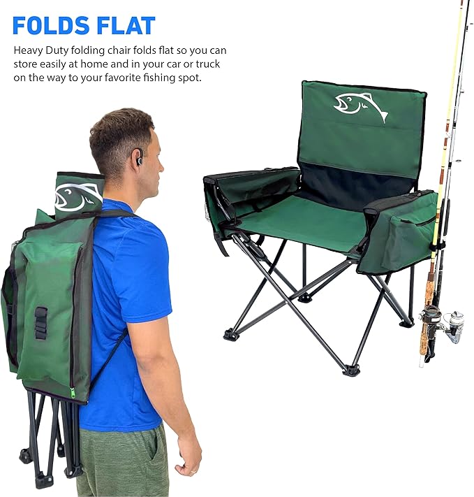 EASYGO PRODUCTS Fishing Chair with Rod Holder – Built in Cooler – Hands Free Fishing Pole Holder - Storage Pouch – Full Size Portable &amp Folding – Ruler for Measuring Fish Fishing Chair Green