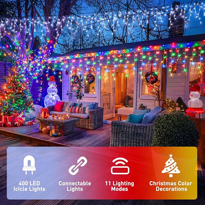 JMEXSUSS Color Changing Lights Outdoor Waterproof 11 Modes 400 LED Christmas Icicle Lights with 40 Drops White to Multicolor Icicle Light for Indoor Christmas Eaves Party Decorations