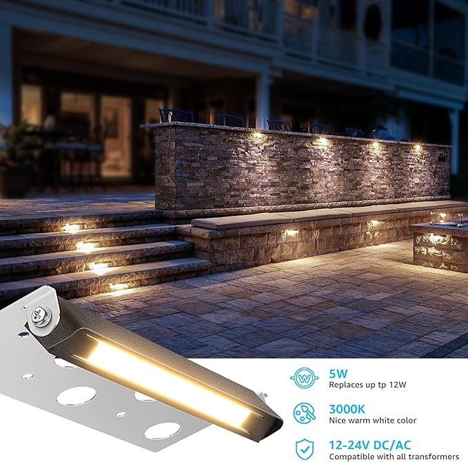 SUNVIE 7 Inch Retaining Wall Lights 5W LED Hardscape Lighting 12V-24V Low Voltage Step Lights 3000K Warm White Waterproof Outdoor Landscape Lighting for Patio Walls Stairs 12-Pack with Connectors