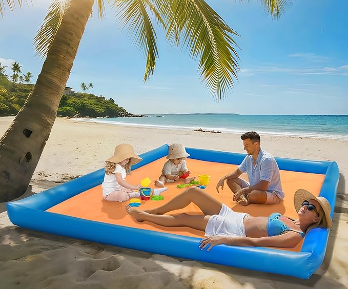 Sandproof Beach Blanket79×83 with 6 Inflatable Pillow Walls Beach Mat Sand Free Large Beach Mat Turns Into Tent Water/Sun-Proof Sandless Beach Blanket Portable Outdoor