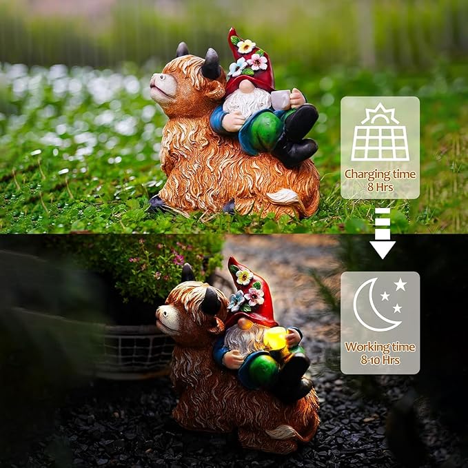 Garden Gnomes Decor Outdoor Statues Gnome on Highland Cow Hold Solar Cup Light Outdoor Decorations for PatioYard and Gift for Mom