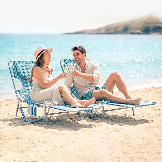 Beach Lounge Chair Outdoor Chaise Lounger with Face Hole 5-Position Reclining Beach Chair Face Down Tanning Chair with Carry StrapSide Pocket Portable Camping Cot for PatioPoolside