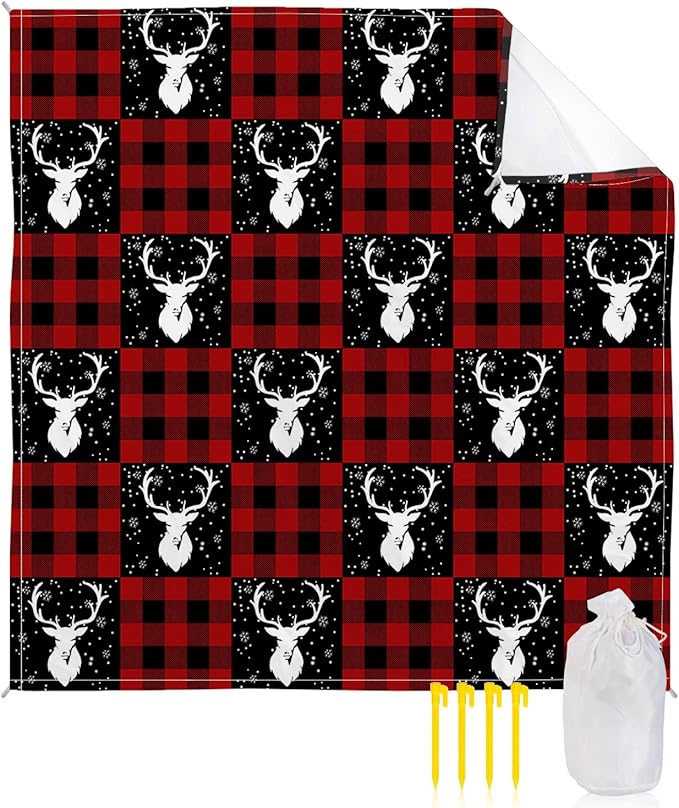 Beach Blanket Waterproof Sandproof Christmas Animal Elk Winter Snowflake Quick Drying Beach Mat with 4 Stakes Red Buffalo Plaid White Shadow Lightweight Picnic Blanket for Travel Camping 108x84