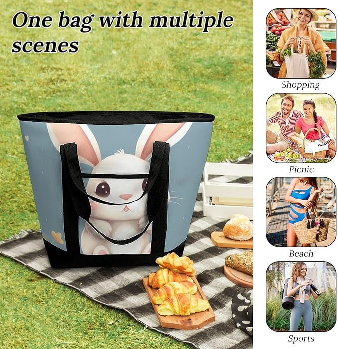 Insulated Shopping BagLarge Reusable Cooler Bags Cartoon Cute Bunny Printed Foldable Shopping BagTravel Waterproof Shoulder Bag