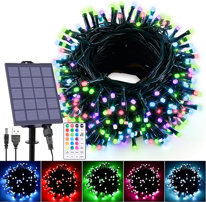 59Ft Solar String Lights Outdoor Waterproof 18 Colors Changing 150 LED Christmas Lights Solar Powered &amp USB with Remote Multicolor Fairy Lighting for Outside Tree Yard Indoor Halloween Decor
