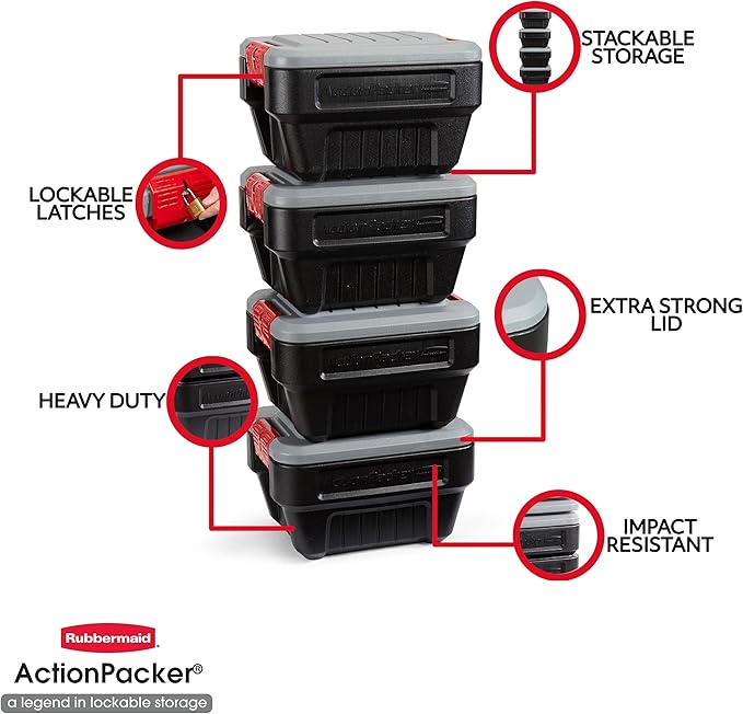 Rubbermaid® ActionPacker®️ 8 Gal Lockable Storage Box Pack of 4 Outdoor Industrial Rugged Grey and Black