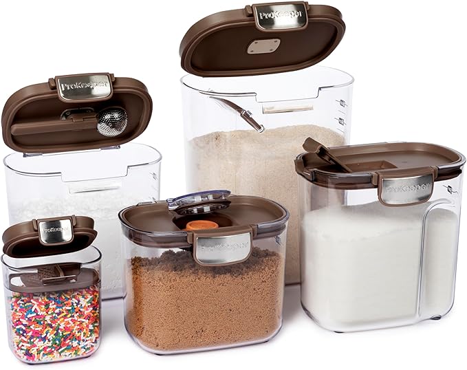 ProKeeper+ Airtight Food Storage Container Set – Clear Plastic Flour and Sugar Canister Set with Magnetic Accessories for Kitchen Organization (Brown 9-Piece)