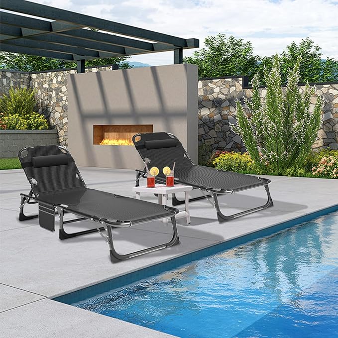 ABORON 5 Positions Camping Cots for AdultsOutdoor Folding Sleeping Cot/MatFolding Chaise Lounge Chair with PillowPortable Reclining Chair for Beach Lawn Camping PoolSunbathing Chairs