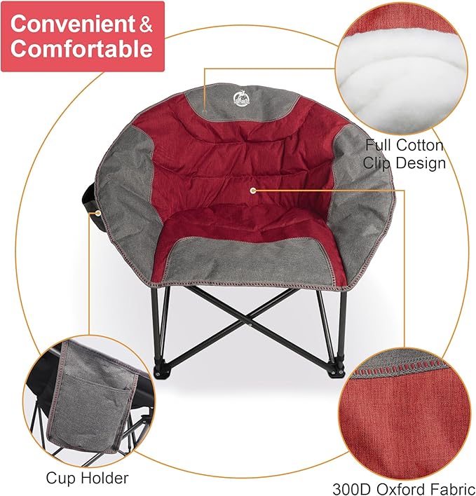 Northroad Folding Compact Camping Moon Chair Outdoor Padded Saucer Round Chair w/Cup Holder Supports up to 300 lbs for Beach Hiking Fishing Picnic LawnRed