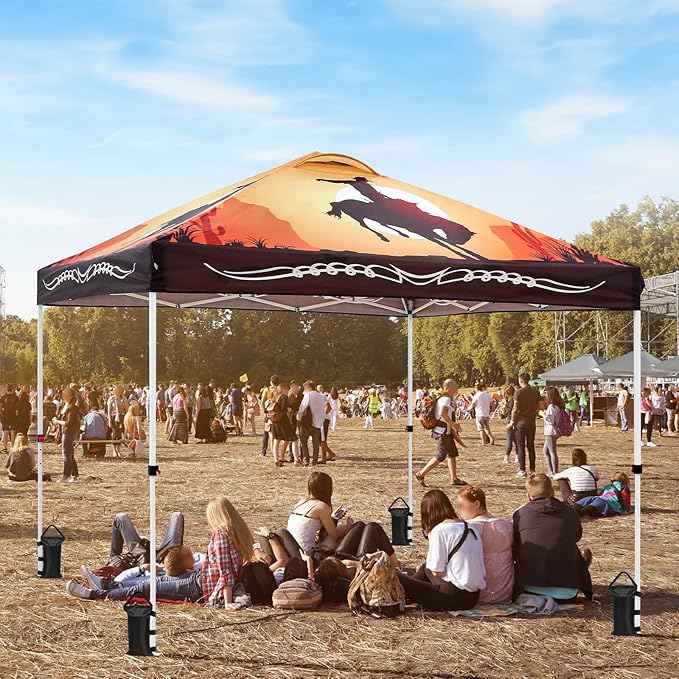 EAGLE PEAK Pop Up Canopy Tent with Wheeled Carry Bag 8 Stakes 4 Ropes 4 Weight Bags Easy Set Up Tent Canopy 10x10 ft 100sqft of Shade Cowboy