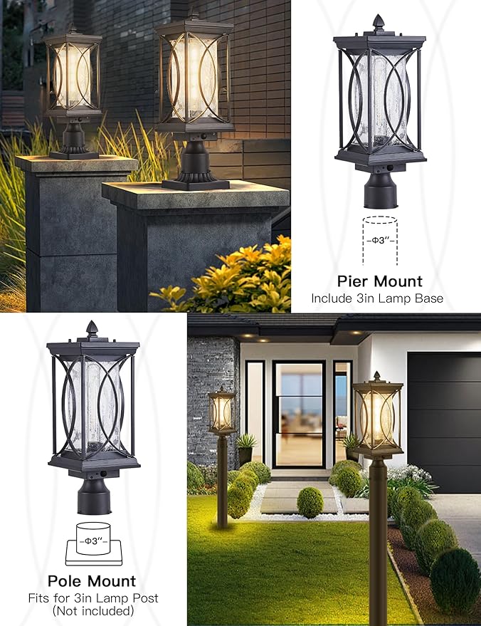 Motion Outdoor Post Lantern Dusk to Dawn Pillar Lamp with 3 Inch Pier Mount Adapter Black Pole Light Aluminum with Crackle Glass Motion Outdoor Post Lights for Patio Yard Garden Pathway