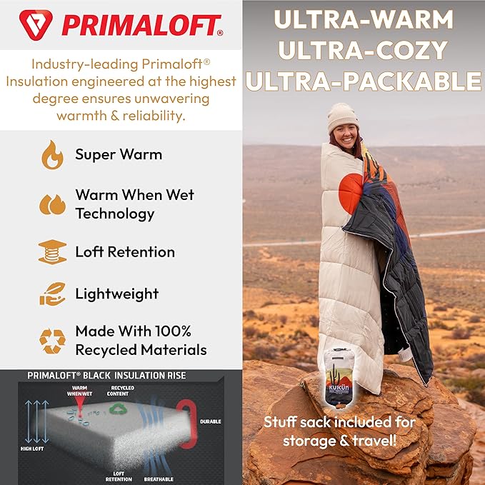 Versatile Packable Outdoor Camping Blanket Puffy Blanket Primaloft® Insulation Warm Durable Lightweight Waterproof Oversize Beach Stadium and More! 55x80 (Olive Branch)