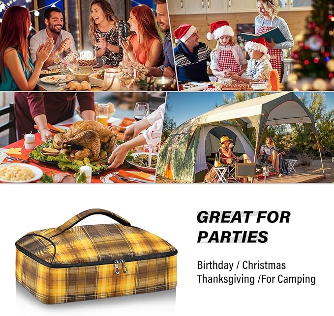 Casserole Carrier Yellow and Brown Tartan Insulated Casserole Carrier for Hot or Cold Food Thermal Lunch Tote for Parties Picnic Travel Carry Bag