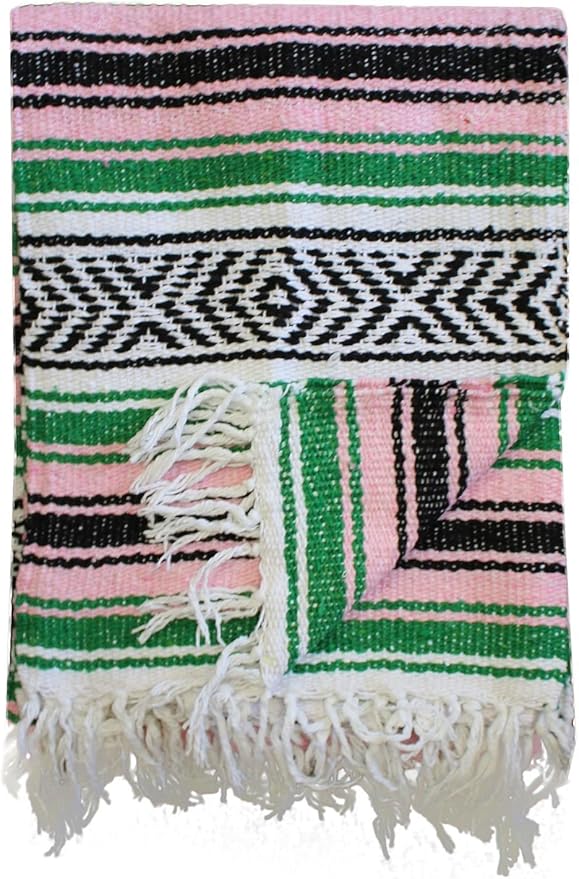 Del Mex Classic Mexican Blanket Large Authentic Woven Falsa Throw (70x50) Artisan Southwest Décor for Beach Yoga Outdoors (Green/Pink)