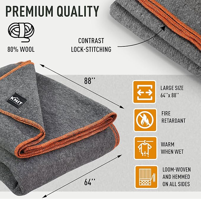 Large Military Wool Blanket - Warm &amp Thick Emergency Survival Blanket Great for Camping Outdoors Sports Events Picnics 4.5 lbs 64 x 88 (Gray)