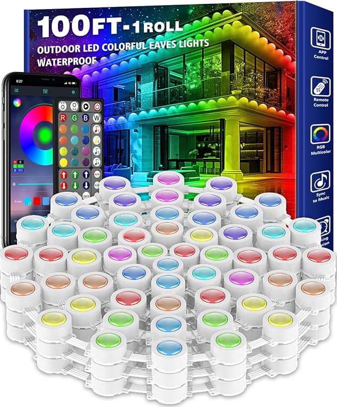 SINLEY 100FT Permanent Outdoor RGB LightsWaterproof Smart LED Eaves Lights with App/Remote Controlfor Christmas and All Holiday DecorDaily and Accent LightingHouse Roof and Garden Lighting