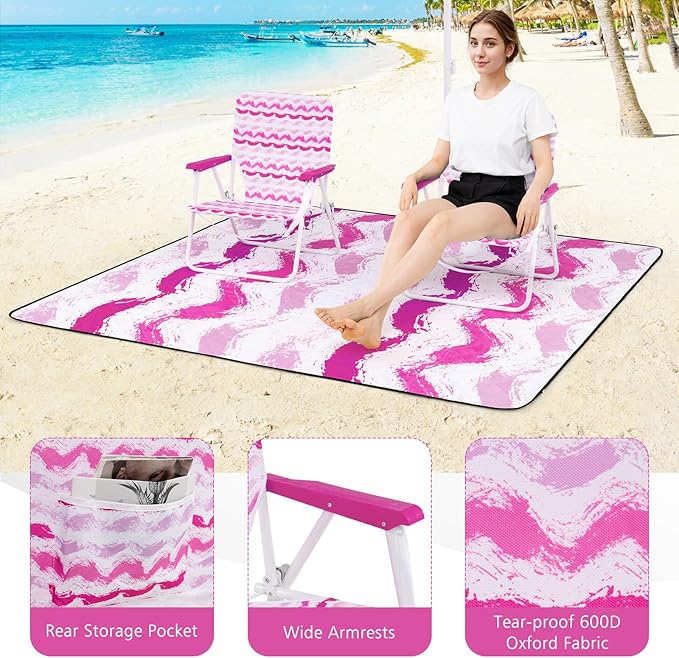 Tangkula 4 Pieces Beach Chair Set 2 Backpack Beach Chairs with Umbrella &amp Blanket Cup Holder &amp Armrests UPF50+ Folding Beach Umbrella with Tilt Adjustment Carrying Bag &amp Sand Anchor (P