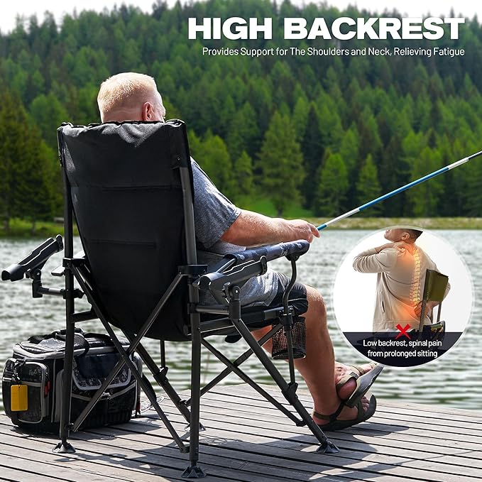 X Strike Oversized Folding Fishing Chair with Rod Holder Heavy Duty 350LBS Feet Adjustable Padded Camping Chair with Cup Holder Side Pocket Hard Armrest